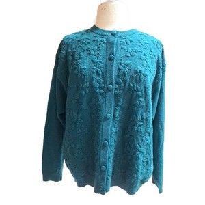 Vintage LL Bean Cardigan Sweater Women's Large Wool Green Floral Knit